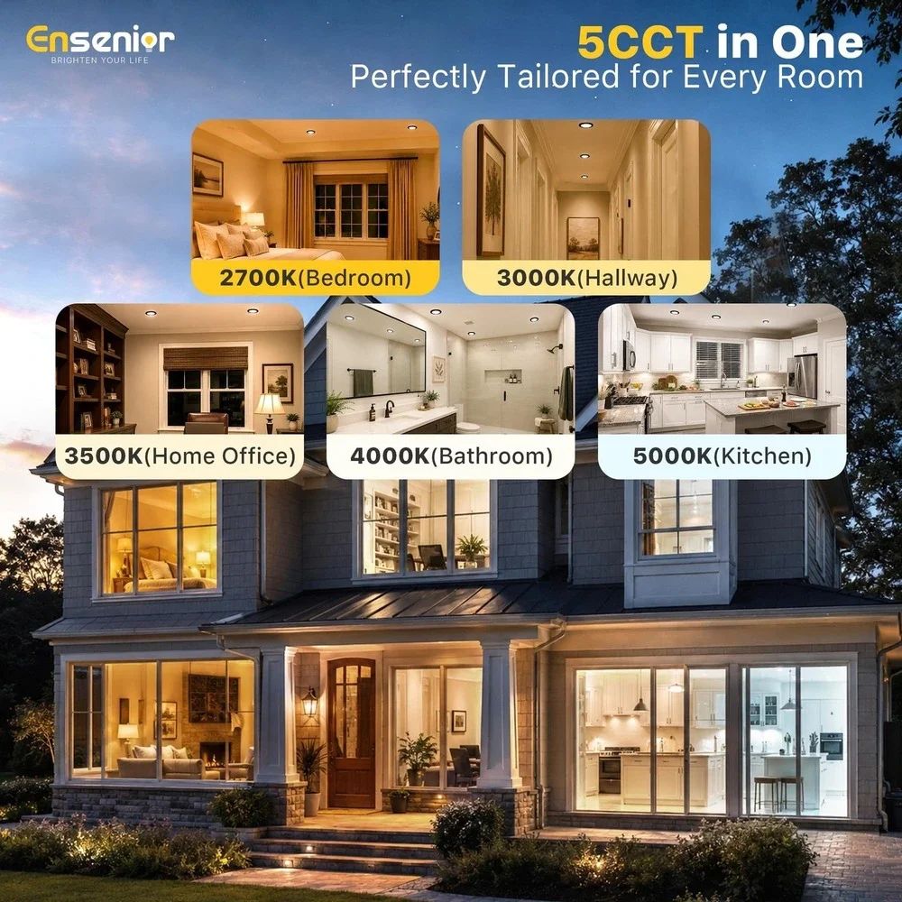 Ensenior 6 Pack 4 Inch LED Recessed Light Dimmable 5CCT 2700K-5000K 9W Black